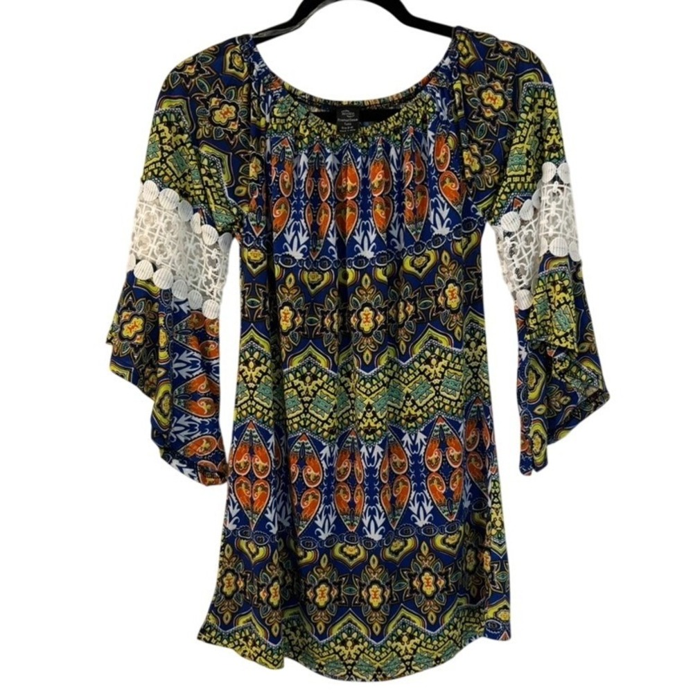 Pinwheel Sleeve Tunic Medallion Print Crochet Lace Bell Sleeve Top S-M Boho Chic